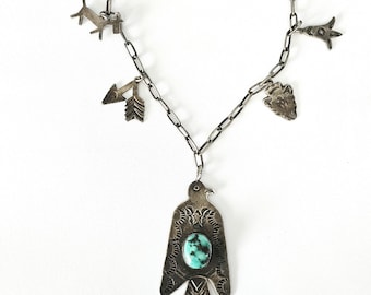 1940s Rare Thunderbird Necklace Blue Turquoise Native Sterling Old Pawn JN 776