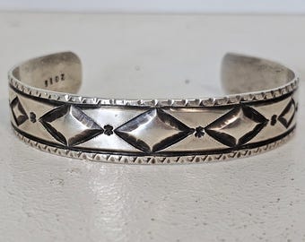 Narrow Punchwork Decorated Vintage Larger Cuff Native Sterling Old Pawn fits 7 1/4" wrist JB 124