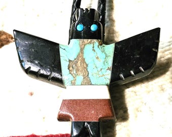 1940s Thunderbird Bolo Turquoise Onyx Vintage Pueblo Old Pawn JBO 165