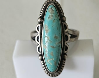 Pretty Long Blue Turquoise Native Ring Sterling Silver Size 5 Old Pawn JR 276