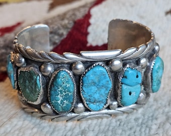 1940s Vintage Drilled Turquoise Sterling Silver Navajo Cuff Bracelet 6 3/4" wrist JB 172