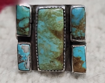 Rectangles of Natural Blue Turquoise Vintage Sterling Ring Size 8 Old Pawn JR 744