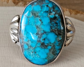 Wonderful Shell Design Silverwork Ingot Coin Silver Turquoise Vintage Native Man Ring Size 10 3/4