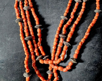 4 Strand Natural Coral with Fluted Silver Beads Vintage Native Necklace Old Pawn JN 562