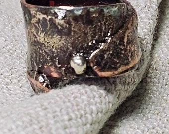 Brutalist Japanese Copper Sterling Ring Size 8 Shichibo alloy Ruticulated