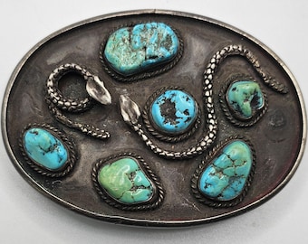 Snakes & Blue Turquoise Sterling Vintage Buckle  Old Pawn JK 206