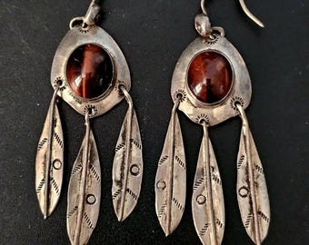 Tigers Eye Vintage Silver Dangle Earrings Native Old Pawn. # JE 623