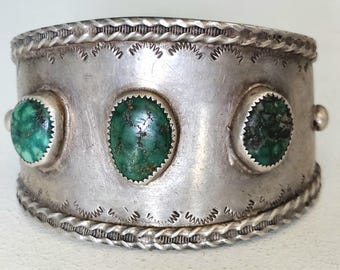 Natural Green Turquoise on this Old Pawn Native Cuff Sterling fits 7" wrist JB 908