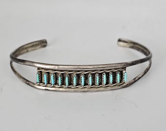 Signed Zuni Needlepoint Blue Turquoise Vintage Stacker Cuff Old Pawn. 6" wrist JB 27