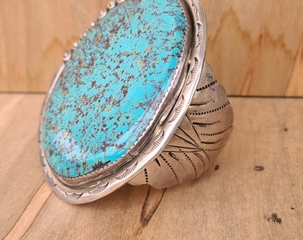 Huge Nevada Turquoise Stone on this Vintage Native Made Statement Cuff Old Pawn
