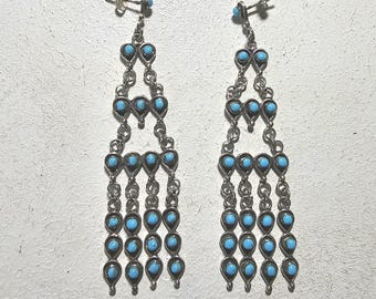 Long 3" Vintage Turquoise Zuni Raincloud Earrings Old Pawn JE 638