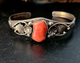 Coral and Silver Vintage Cuff Bracelet Native American fits a 6 1/4" wrist. JB 210