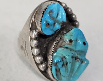 Carved Turquoise Frog Vintage Sterling Man Ring Size 10 Old Pawn JR 164