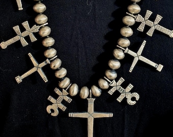 Large Vintage Pueblo Cross Necklace Old Pawn Sterling. C1970s JN 561