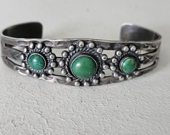 1930s Green Turquoise Sterling Native  Vintage Cuff  6 3/4" wrist   JB 272