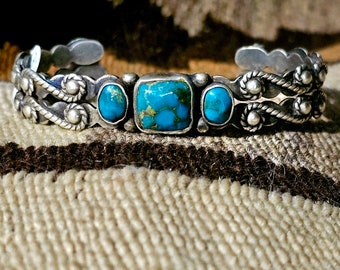 3 Blue Gem Fancy Silverwork Turquoise Sterling Native Made Vintage Old Pawn 6 1/2" wrist