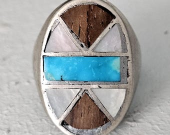 Turquoise, Wood and Mother of Pearl Zuni Inlay Cast Silver Ring Vintage Sterling Man Ring Size 10 Old Pawn JR 182