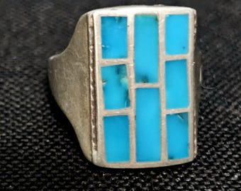 1950s Blue Turquoise Zuni Inlay Sterling Silver Ring Size 11 JR 644