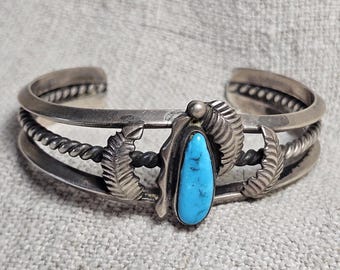 Fancy Silverwork Turquoise Vintage Native Sterling Old Pawn fits 6 1/4" wrist. JB 314
