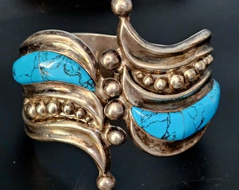 Dramatic Hinged Turquoise Sterling Vintage Native Silver Cuff 7"  JB 196