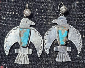 Pretty Vintage Thunderbird Blue Turquoise Native Silver Earrings Sterling Old Pawn