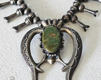 Rare Green Turquoise Vintage Squash Blossom Necklace Old Pawn Sterling JN 644