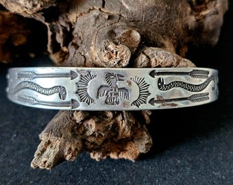 1930s Thunderbird Whirling Log Sterling Cuff  7" wrist  JB 295