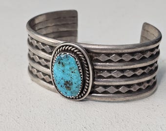 Silver Punch Decorated Vintage Cuff with Turquoise Sterling Old Pawn fits 7" wrist JB 52