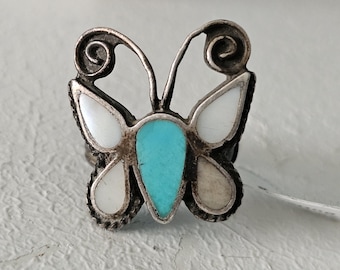 Sweet Butterfly Zuni Inlay Turqupise and Mother of Pearl Vintage Native Ring Size 4 1/2 Old Pawn JB 229