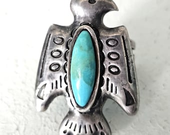 Thunderbird Shaped Turquoise Vintage Native Ring Sterling Old Pawn Size 5 JR 500