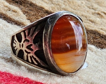 Thunderbird Agate Vintage Native Sterling Man Ring Size 11