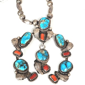 Red Coral and Blue Turquoise Vintage Naja Necklace Old Pawn Sterling. C1940s. JN 648