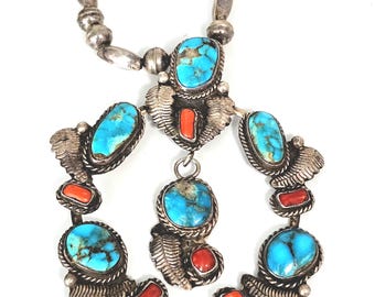 Red Coral and Blue Turquoise Vintage Naja Necklace Old Pawn Sterling. C1940s. JN 648