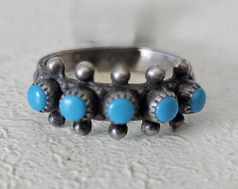 1940s Zuni Snakeye 5 Blue Turquoise Silver Ring Vintage Sterling Old Pawn Size 6 JR 321