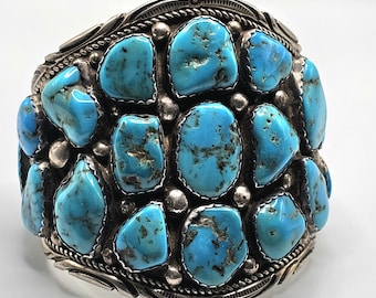 Very Big and Bold Cuff Sleeping Beauty Turquoise Sterling Native Made Vintage Old Pawn 8" wrist  JB 950