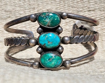 Classic Old Pawn Stoplight Cuff with 3 Stacked Natural Turquoise Sterling Native Made Vintage