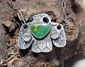 Thunderbird Harvey Era Necklace with Green Turquoise and Great Punchwork