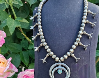 Old Pawn Child Size Squash Blossom Necklace with Old Cerillos Turquoise and Wide Open Blossom