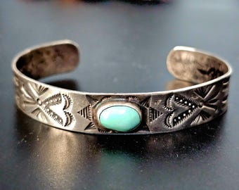 1930s Whirling Logs Turquoise Silver Cuff Old Pawn Fits 7" wrist JB 228