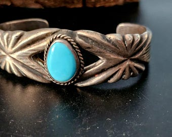 Cast Silver Cuff with Turquoise Sterling Old Pawn fits 6 1/2" wrist. JB 214