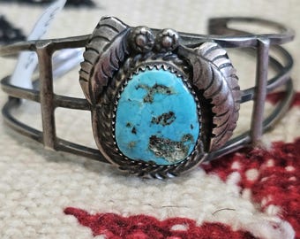 Nugget Turquoise Signed Vintage Native Sterling Old Pawn fits 6" wrist. JB 180