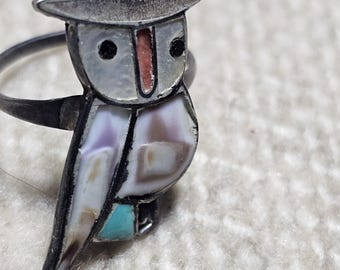Adorable Owl Zuni Inlay Vintage Native Ring Size 8 Old Pawn