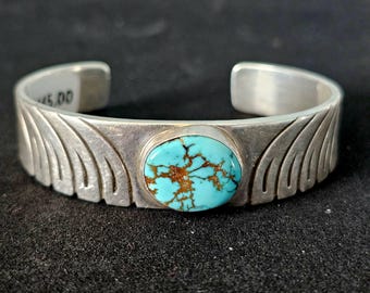 Signed Turquoise Sterling Silver Cuff, Old Pawn Fits 6 1/4" Wrist. JB 152
