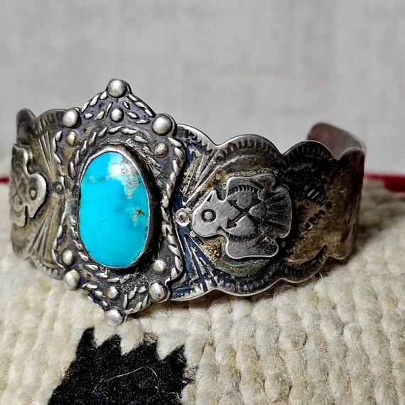 Fancy Harvey Era Turquoise Silver Vintage Cuff Ol… - image 2