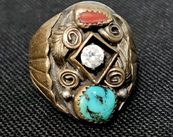 R. Begay Vintage Sterling & 14K Turquoise Coral and "Diamond" Native Ring Size 11 Old Pawn JR 768