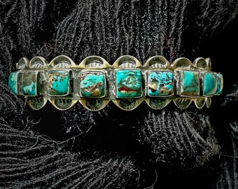 Gorgeous Blue Turquoise on this Man Size Silver and Turquoise Old Pawn Cuff Bracelet Native American 8 1/2" wrist