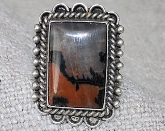 Early 1940s Petrified Wood Navajo Vintage Ring Sterling Old Pawn Size 7 3/4