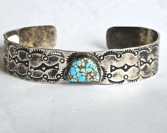 Big Silver Cuff with #8 Turquoise Sterling Old Pawn fits 8" wrist. JB 144