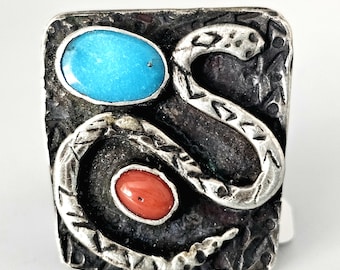 Snake Ring Turquoise and Coral Sterling Native Size 8 3/4 Old Pawn JR 161