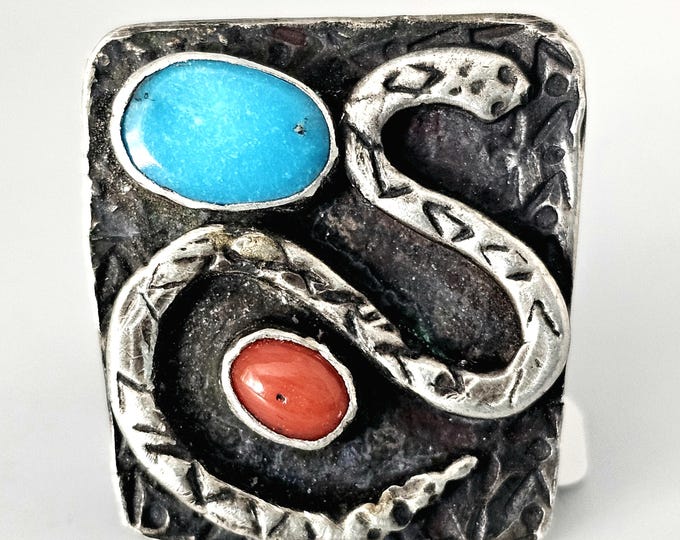 Featured listing image: Snake Ring Turquoise and Coral Sterling Native Size 8 3/4 Old Pawn JR 161